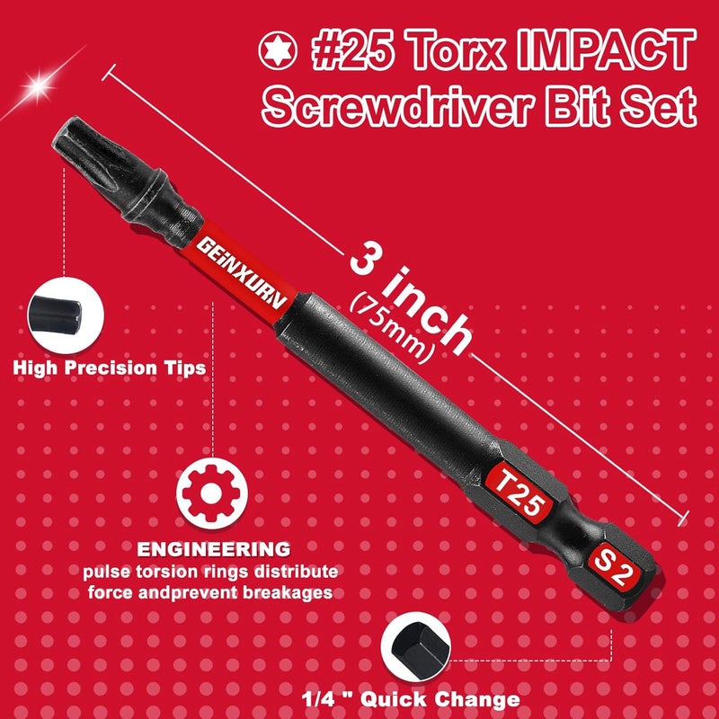 GEINXURN 30 Pieces T25 3In. Impact Tough Magnetic #25 Torx Head Power Bits, S2 Alloy Steel T25 Screwdriver Bits Set - Image 3
